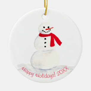 Cute Watercolor Snowman Happy Holidays Photo Back Ceramic Tree Decoration