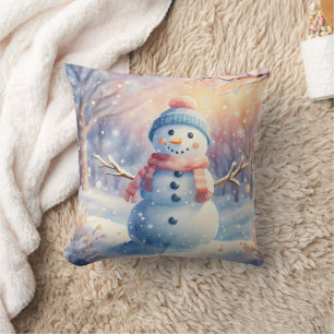 Cute Watercolor Snowman in Winter Wonderland Cushion