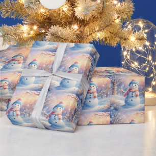 Cute Watercolor Snowman in Winter Wonderland Wrapping Paper