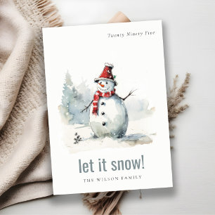 Cute Watercolor Snowman Let It Snow Christmas Holiday Card