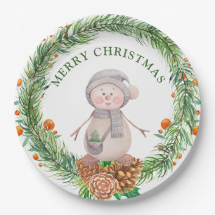 Cute Watercolor Snowman  Paper Plate