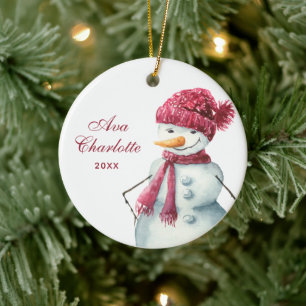 Cute Watercolor Snowman Personalised Girl's Name Ceramic Tree Decoration