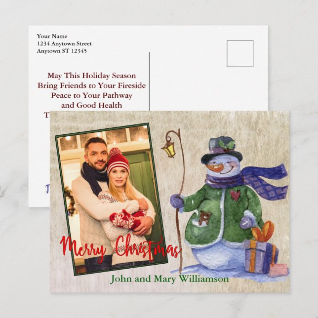Cute Watercolor Snowman Photo Christmas Postcard (Front/Back)