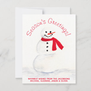 Cute Watercolor Snowman Season's Greetings Holiday Card