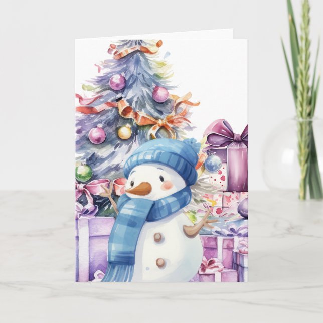 Cute Watercolor Snowman w/ Blue Scarf & Xmas Tree Card (Front)