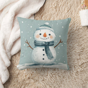 Cute Watercolor Snowman with Pastel Teal Tones Cushion