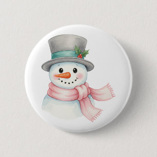 Cute Watercolor Snowman with Pink Scarf Holiday 6 Cm Round Badge