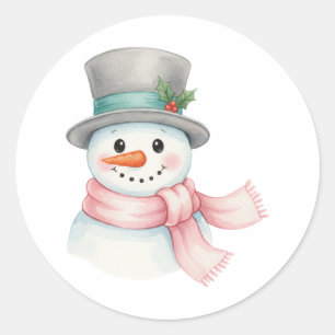 Cute Watercolor Snowman with Pink Scarf Holiday Classic Round Sticker