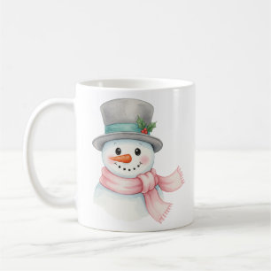 Cute Watercolor Snowman with Pink Scarf Holiday Coffee Mug