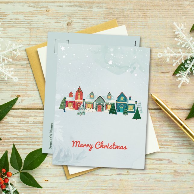 Cute Watercolor Snowy Village Christmas Holiday Postcard (Creator Uploaded)