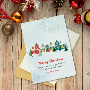 Cute Watercolor Snowy Village Houses Christmas  Holiday Card
