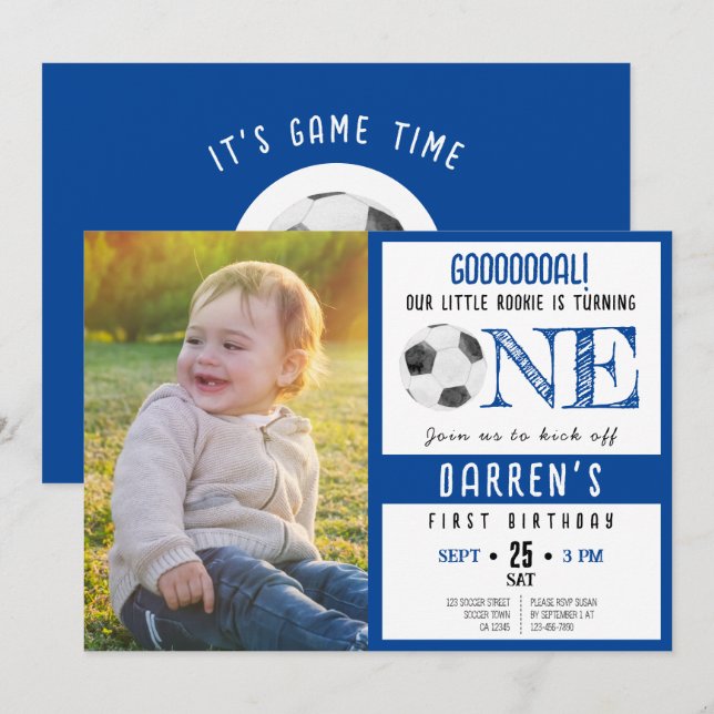 Cute Watercolor Soccer Photo 1st Birthday Invitation (Front/Back)