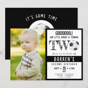 Cute Watercolor Soccer Photo Black 2nd Birthday Invitation