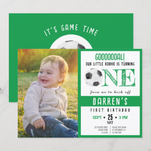 Cute Watercolor Soccer Photo Green 1st Birthday Invitation