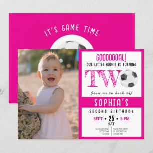 Cute Watercolor Soccer Photo Pink 2nd Birthday Invitation