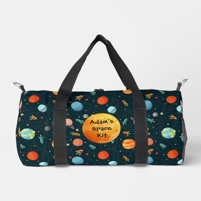 Cute Watercolor Space Planets Rockets Stars Kid's Duffle Bag (Front)