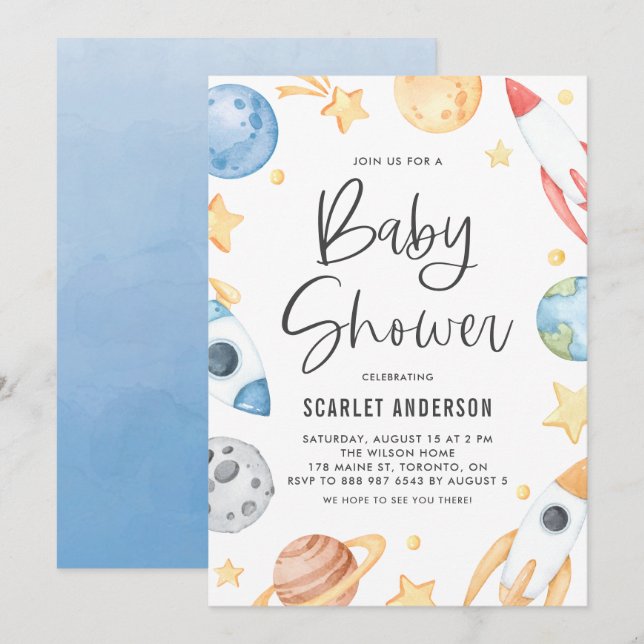 Cute Watercolor Space Theme Baby Shower Invitation (Front/Back)