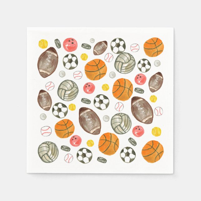 Cute Watercolor Sports Ball Kids Children Birthday Napkin (Front)