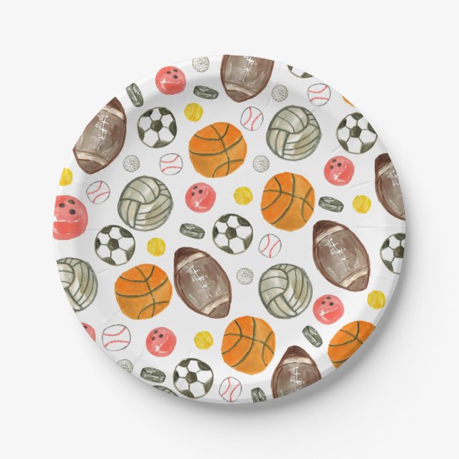 Cute Watercolor Sports Ball Kids Children Birthday Paper Plate (Front)