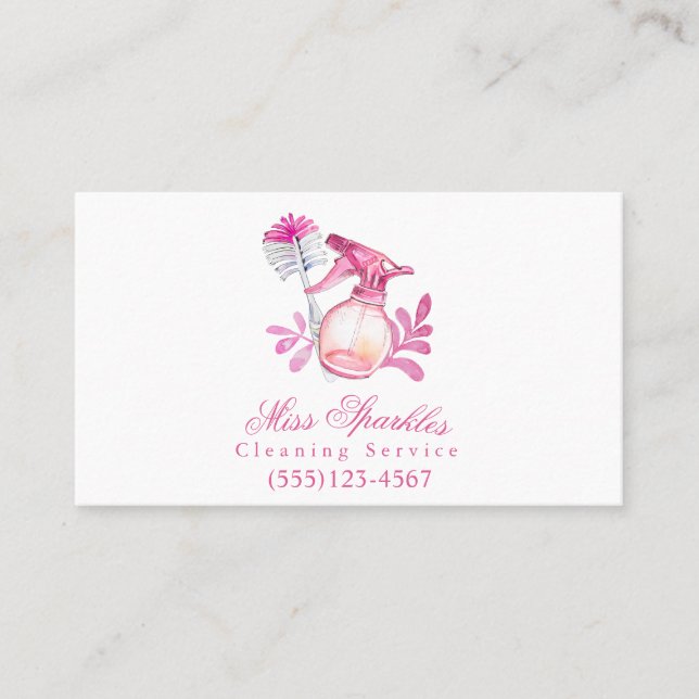 Cute Watercolor Spray Bottle Cleaning Service Business Card (Front)