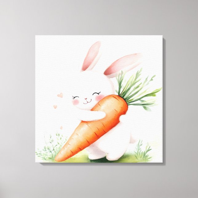 Cute Watercolor Spring Bunny Carrot Canvas Print (Front)