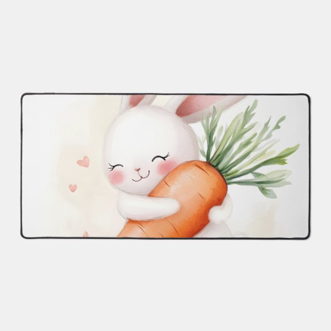 Cute Watercolor Spring Bunny Carrot Desk Mat (Front)
