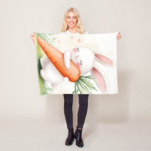 Cute Watercolor Spring Bunny Carrot Fleece Blanket