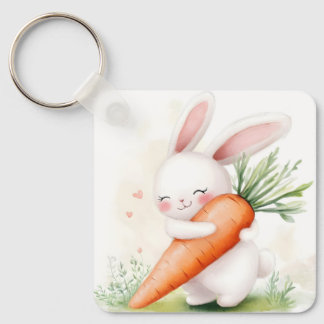 Cute Watercolor Spring Bunny Carrot Key Ring