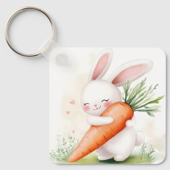 Cute Watercolor Spring Bunny Carrot Key Ring (Front)