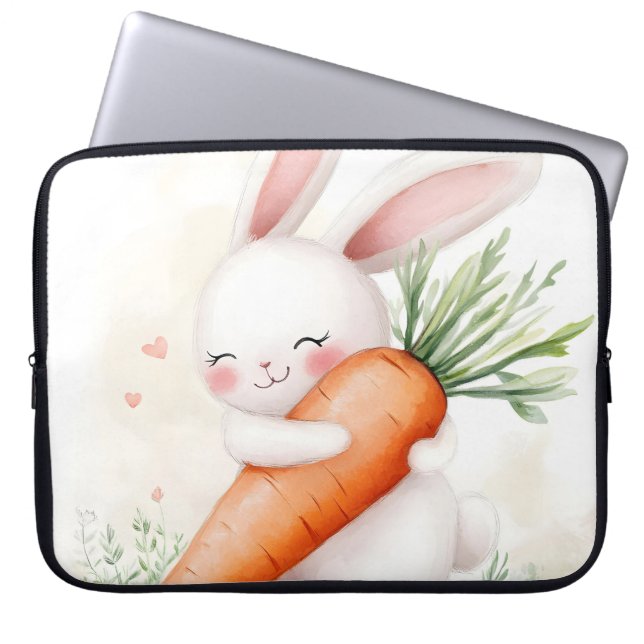 Cute Watercolor Spring Bunny Carrot Laptop Sleeve (Front)