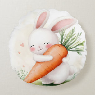 Cute Watercolor Spring Bunny Carrot Round Cushion