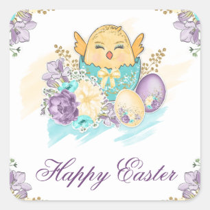 Cute Watercolor Spring Floral Chick in Egg Easter Square Sticker