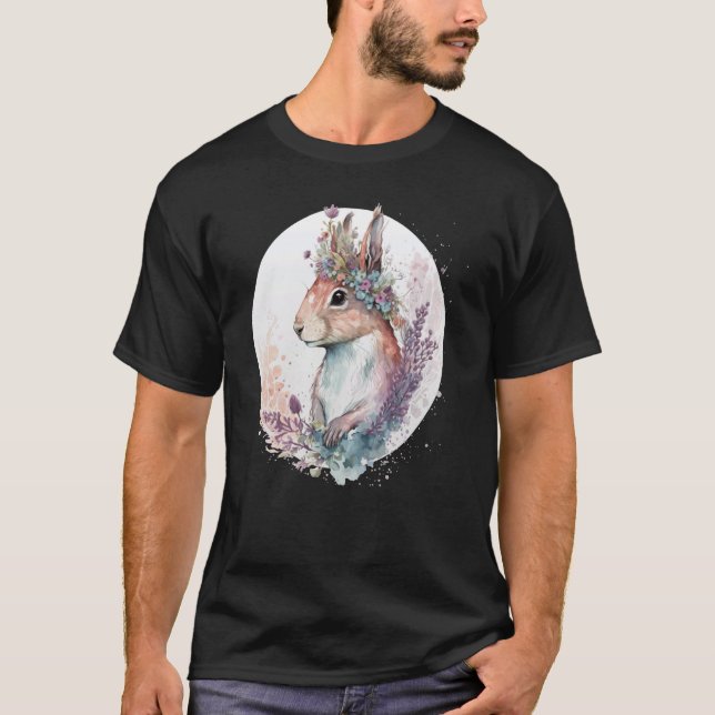 Cute Watercolor Squirrel Flower Crown Animal T-Shirt (Front)