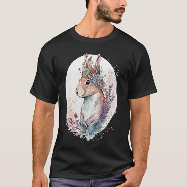Cute Watercolor Squirrel Flower Crown Animal T-Shirt (Front)