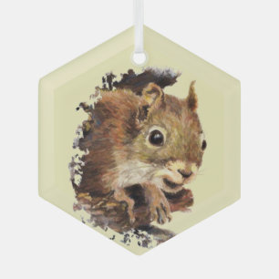 Cute Watercolor Squirrel Peeking Animal Art Glass Tree Decoration