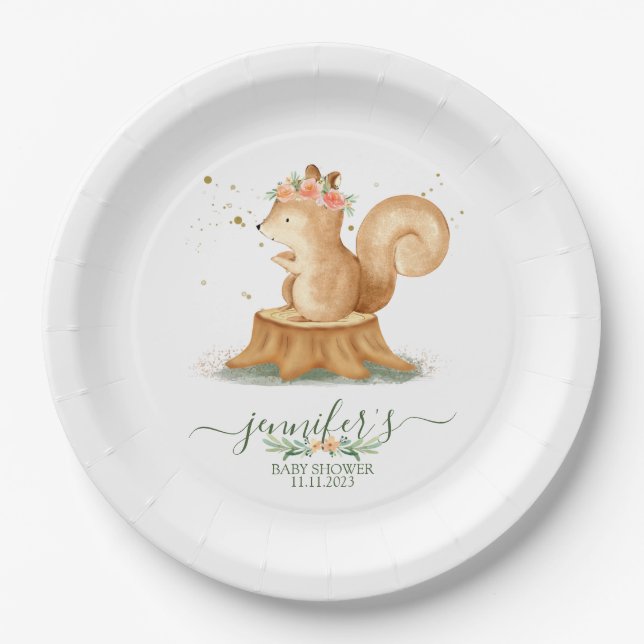 Cute Watercolor Squirrel wildlife baby newborn Paper Plate (Front)