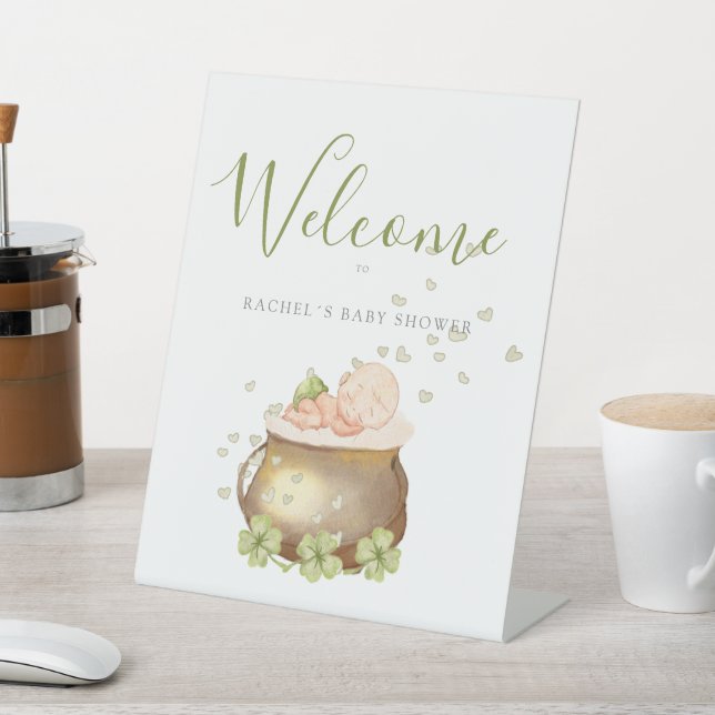 Cute watercolor st patricks baby shower welcome pedestal sign (In SItu)