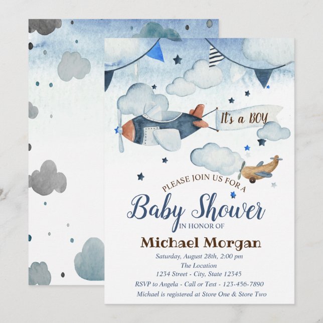 Cute Watercolor Stars,Clouds,Aeroplane Baby Shower Invitation (Front/Back)