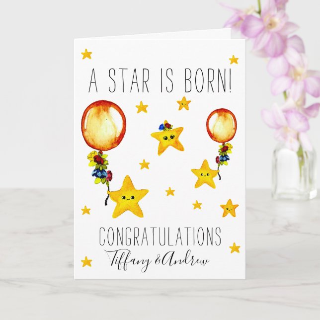 Cute Watercolor Stars Congratulations on New Baby Card (Orchid)