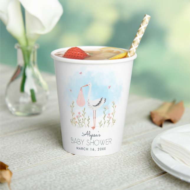 Cute Watercolor Stork Baby Shower Paper Cups (Insitu)