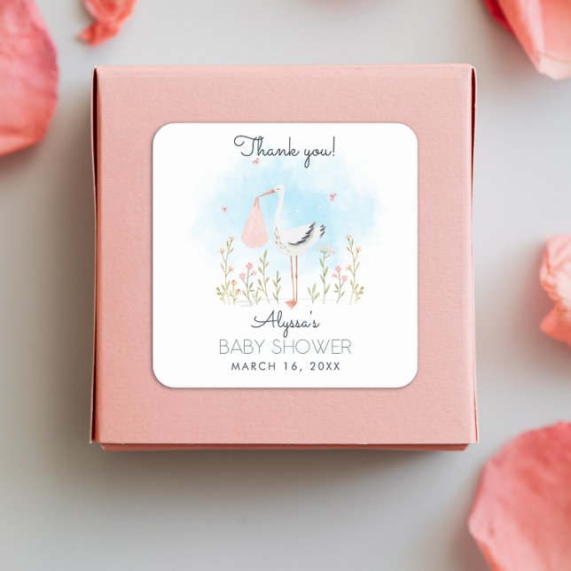 Cute Watercolor Stork Baby Shower Square Sticker (Creator Uploaded)