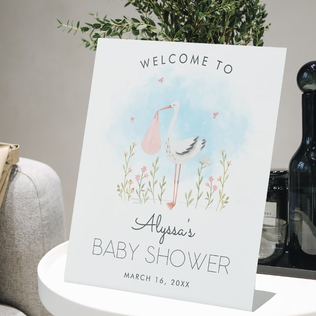 Cute Watercolor Stork Baby Shower Welcome Pedestal Sign (Creator Uploaded)