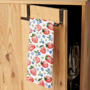 Cute Watercolor Strawberry and Blueberry Pattern Tea Towel