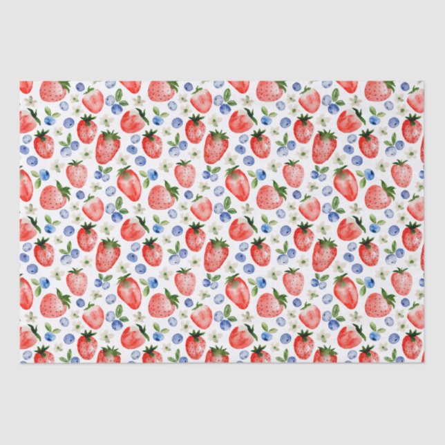 Cute Watercolor Strawberry and Blueberry Pattern Tissue Paper (Front)