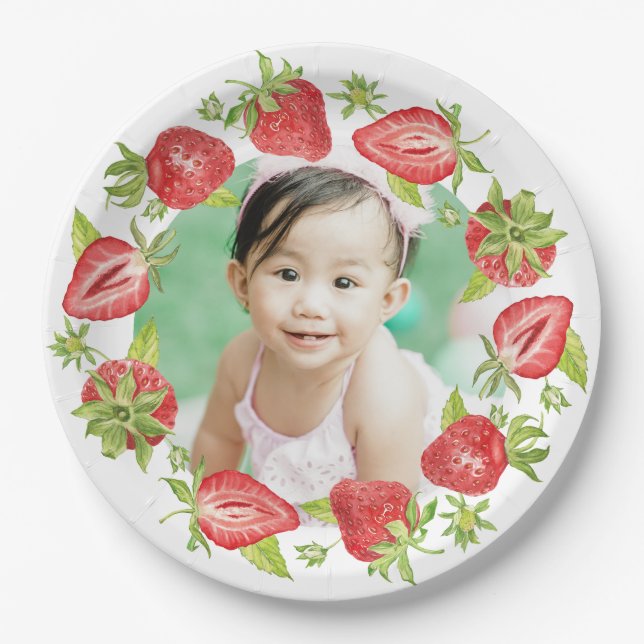 Cute Watercolor Strawberry Berry First Birthday Paper Plate (Front)