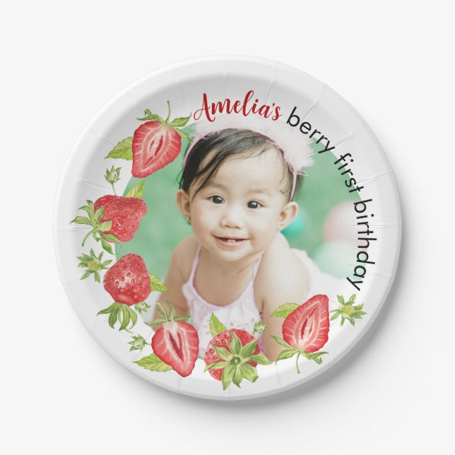 Cute Watercolor Strawberry Berry First Birthday Paper Plate (Front)