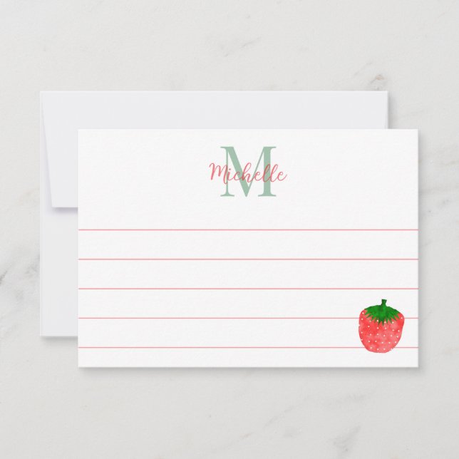 Cute Watercolor Strawberry Custom Lined Monogram Card (Front)