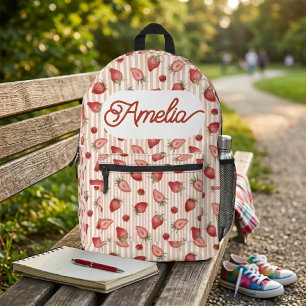 Cute Watercolor Strawberry Pink Stripe Custom Name Printed Backpack