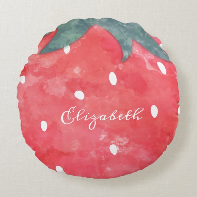Cute Watercolor Strawberry  Round Cushion (Front)