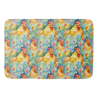 Cute Watercolor Style Chickens Bath Mat